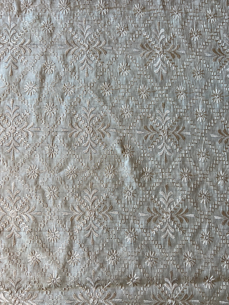 Beige Tusser Silk Embroidred Fabric