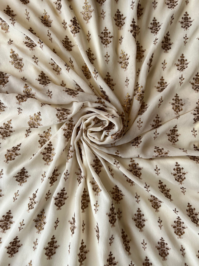 Off White Georgette Embroidered Fabric with Sequence Work