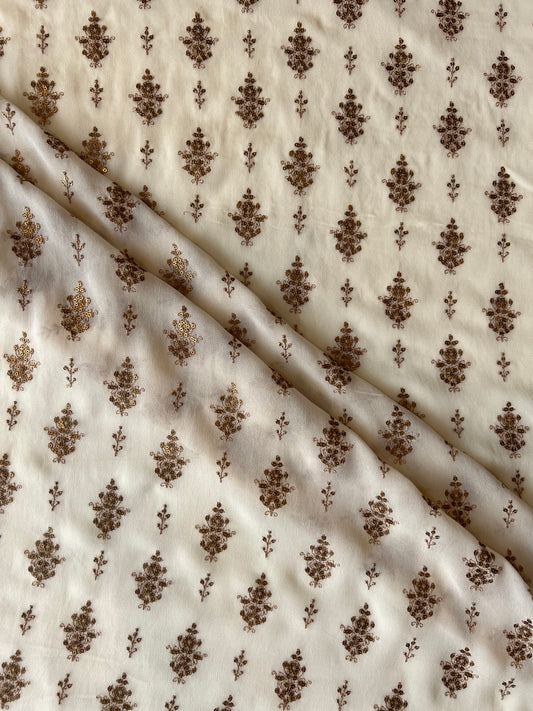 Off White Georgette Embroidered Fabric with Sequence Work