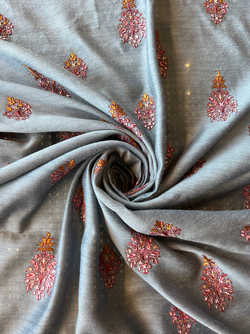 Grey Munga Silk Embroidered Fabric