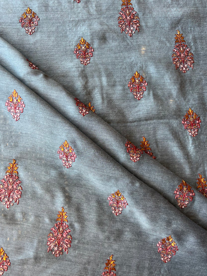 Grey Munga Silk Embroidered Fabric