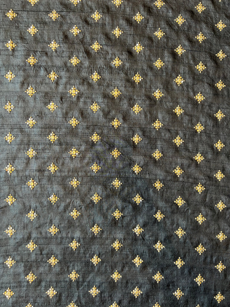 Black Tusser Silk Sequence Work Embroidered Fabric
