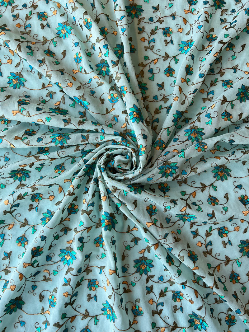 Aqua Blue Georgette Embroidered Fabric