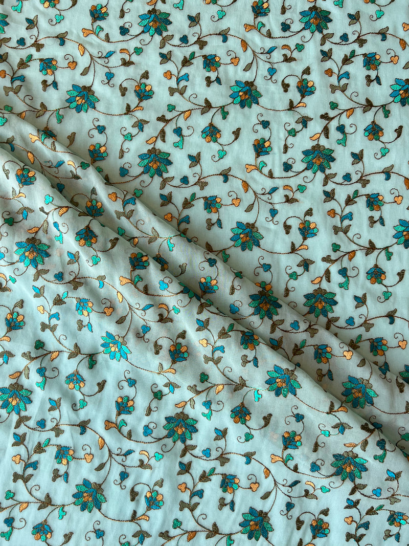 Aqua Blue Georgette Embroidered Fabric