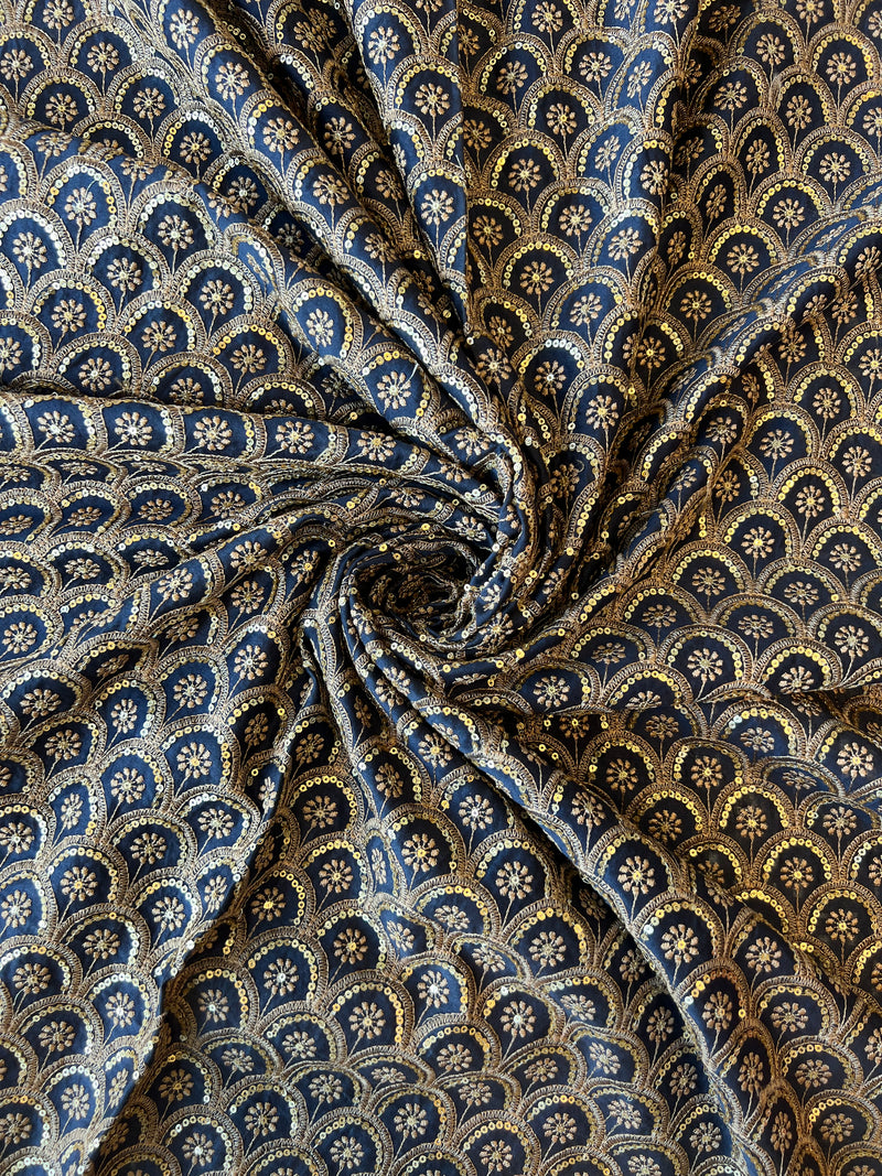 Navy Blue Chanderi Sequence Work Embroidered Fabric