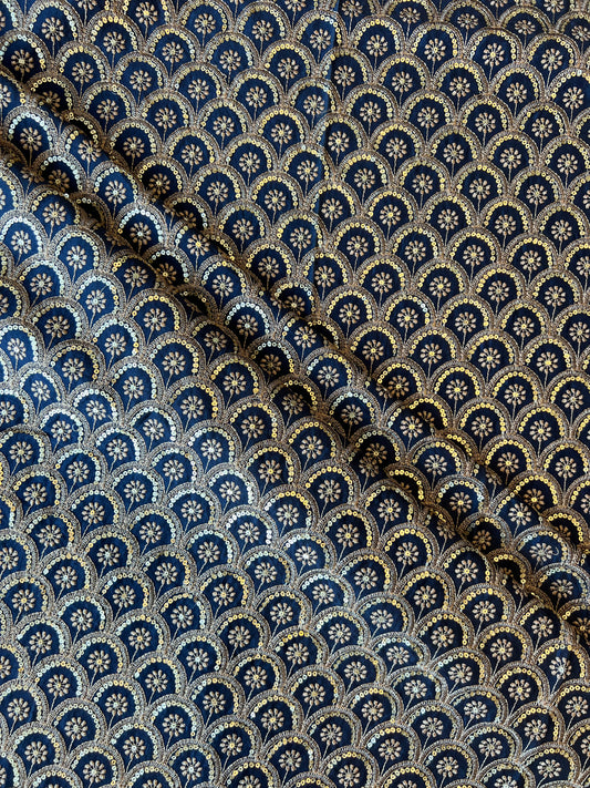 Navy Blue Chanderi Sequence Work Embroidered Fabric