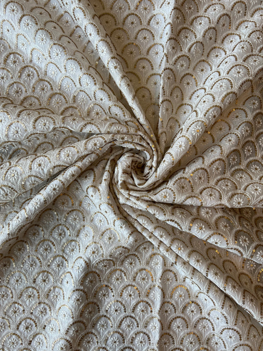 Off White Chanderi Sequence Work Embroidered Fabric