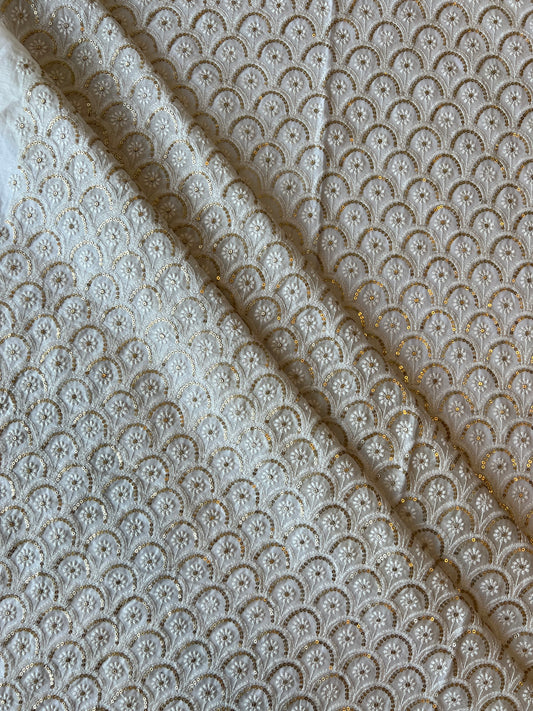 Off White Chanderi Sequence Work Embroidered Fabric