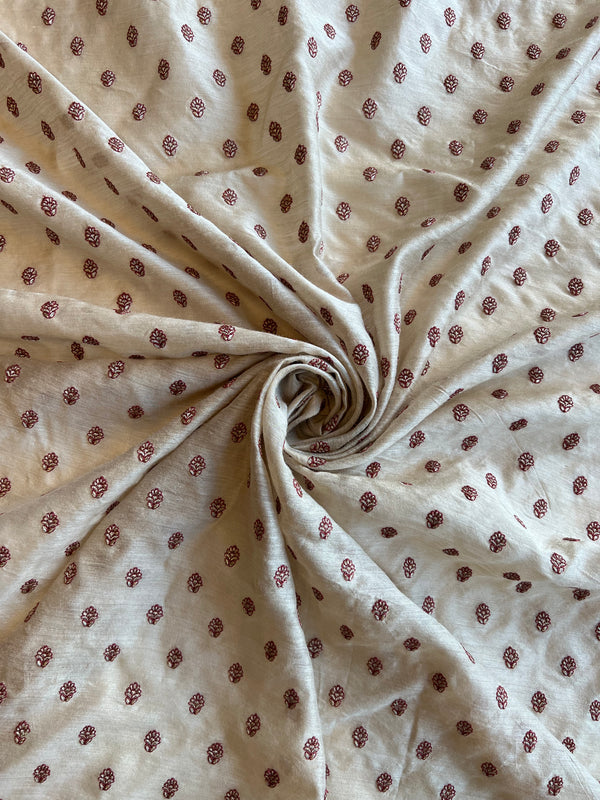Off White Embroidered Munga Silk Fabric