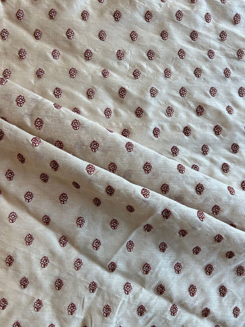 Off White Embroidered Munga Silk Fabric