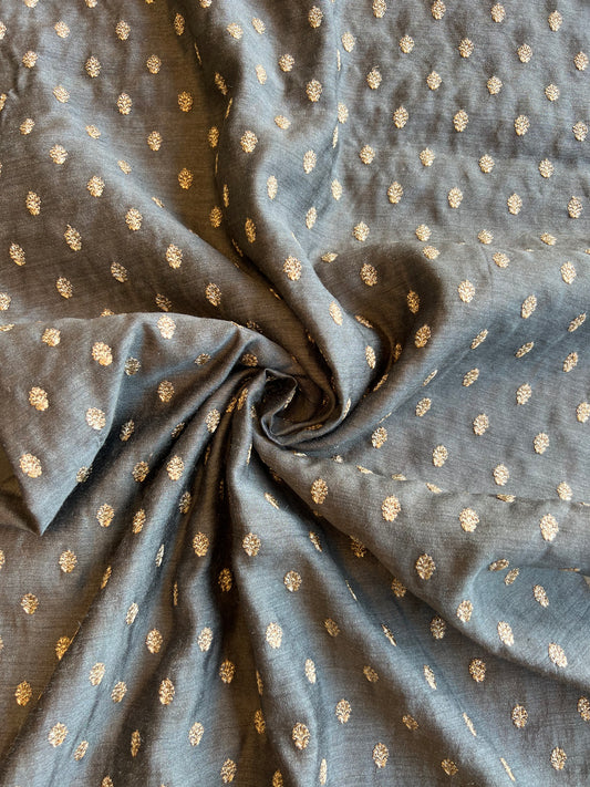 Grey Embroidered Munga Silk Fabric