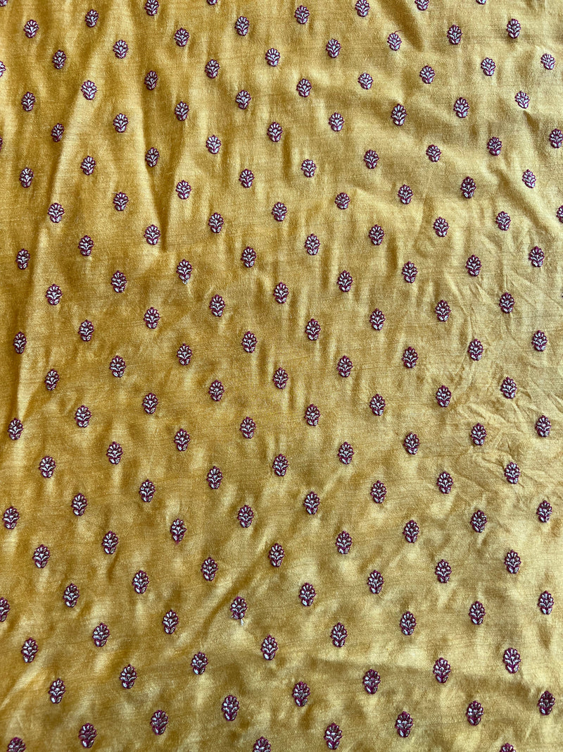 Yellow Embroidered Munga Silk Fabric