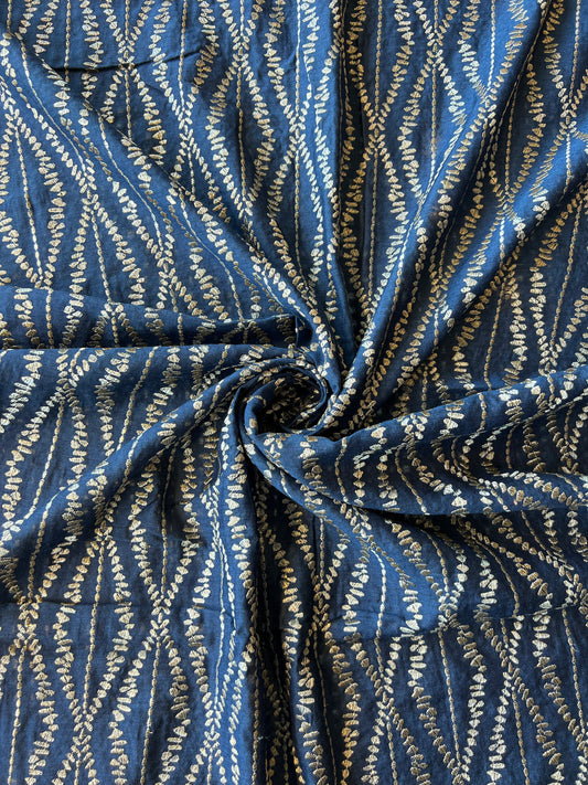 Navy Blue Munga Silk Embroidered Fabric