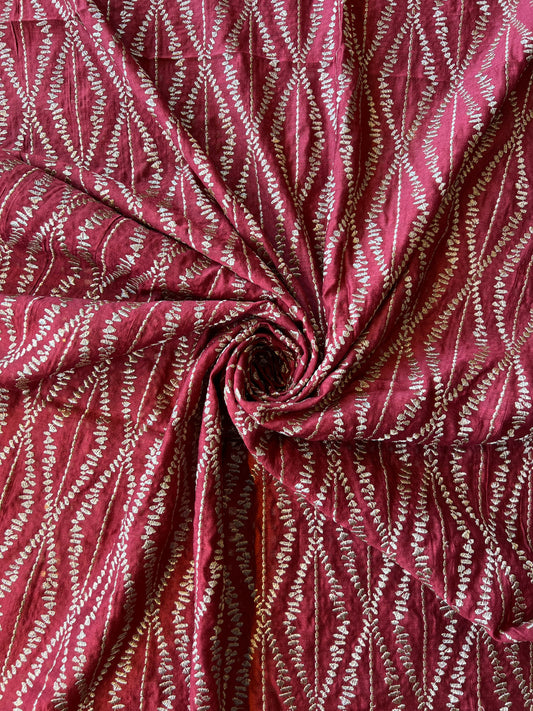 Maroon Munga Silk Embroidered Fabric