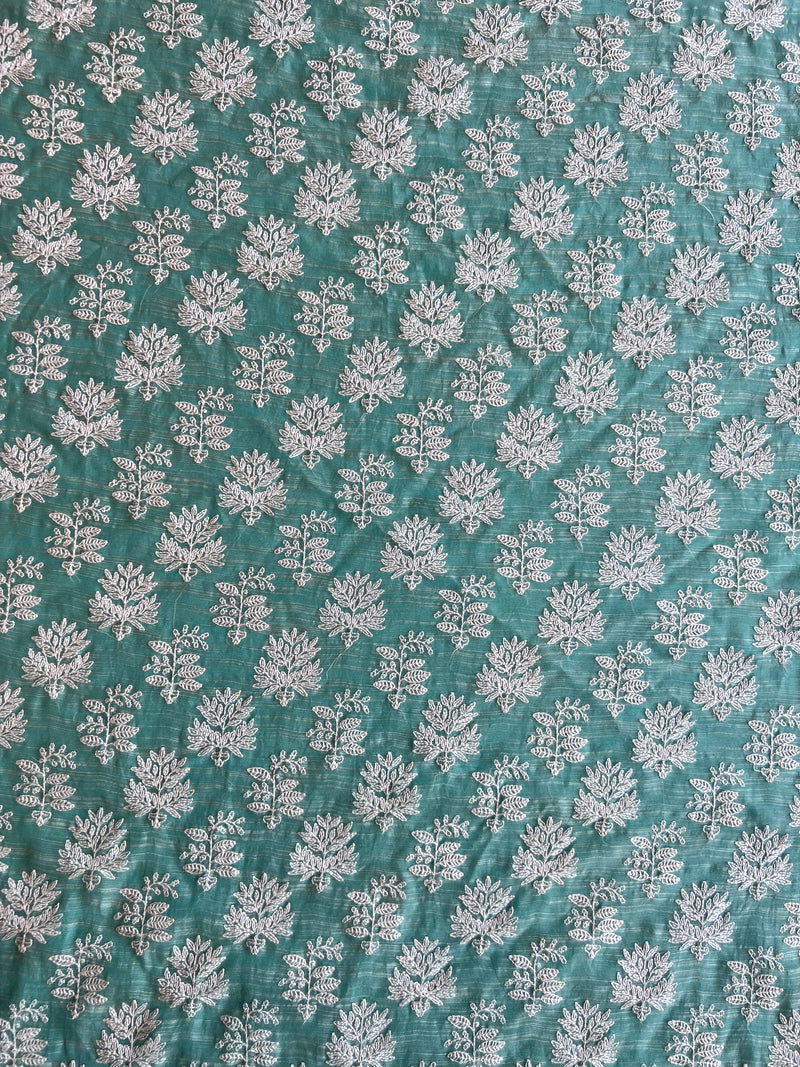 Rama Green Embroidered Handloom Maheshwari Fabric