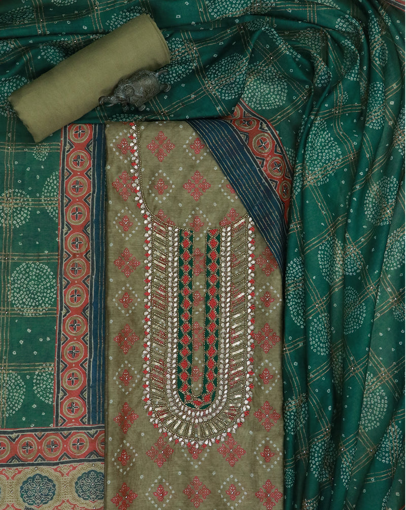 Lime Sequence and Gota Work Suit Set with contrast Bhandani Dupatta