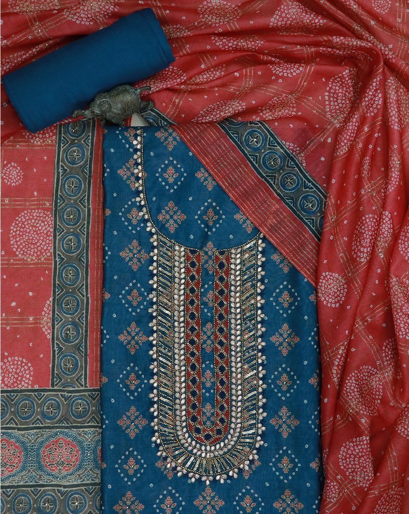 Blue Sequence and Gota Work Suit Set with contrast Bhandani Dupatta