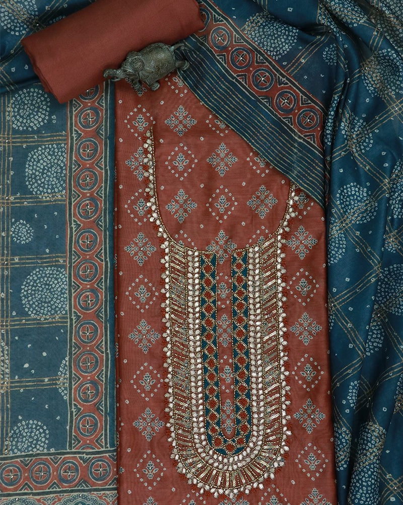 Rust Sequence and Gota Work Suit Set with contrast Bhandani Dupatta