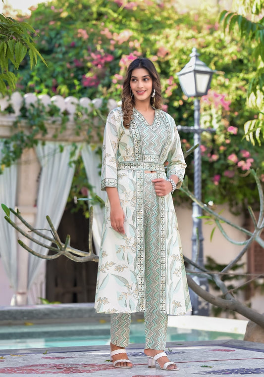 Green Cotton Summer Wear Indo Western Set