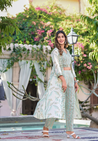 Green Cotton Summer Wear Indo Western Set