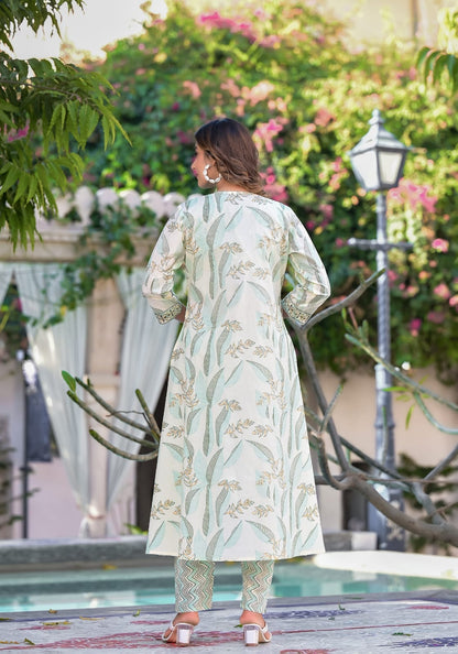 Green Cotton Summer Wear Indo Western Set