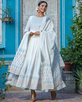 Mulmul Gown with Blue Printed Dupatta