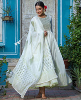 Mulmul Gown with Green Printed Dupatta