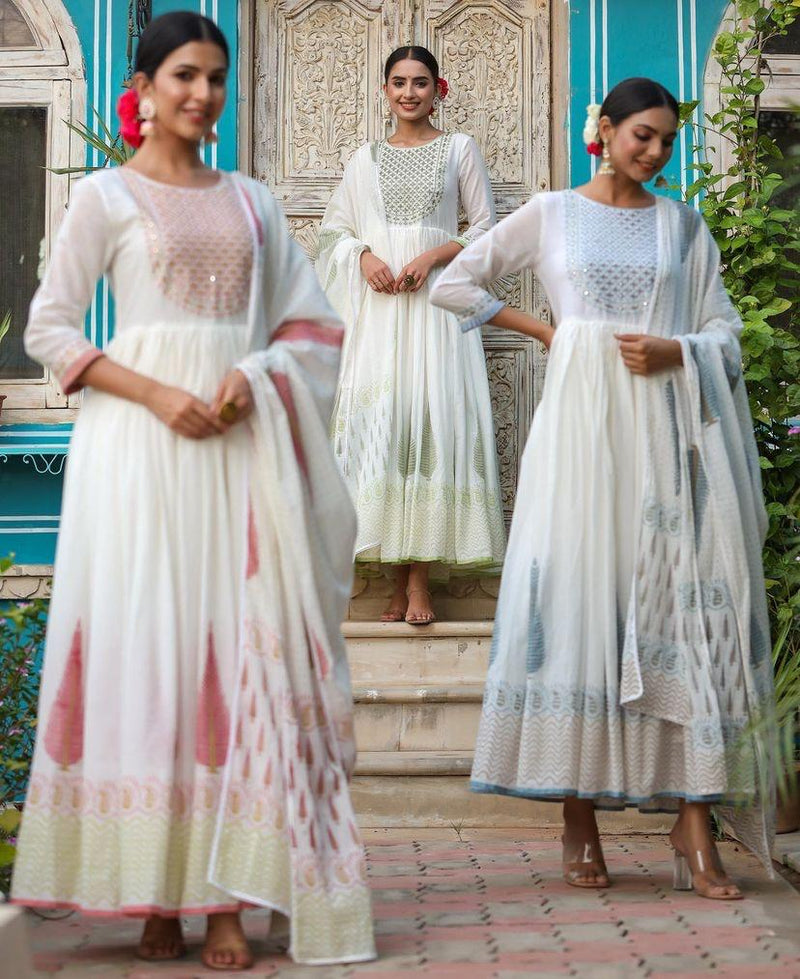Mulmul Gown with Green Printed Dupatta