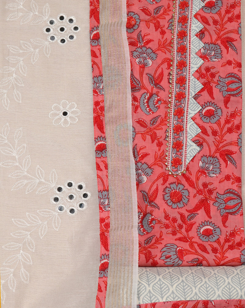 Peach Block Printed Cotton Suit with Embroidred Mirror Work Dupatta