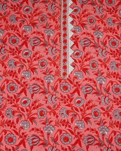 Peach Block Printed Cotton Suit with Embroidred Mirror Work Dupatta