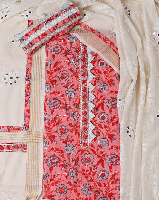 Peach Block Printed Cotton Suit with Embroidred Mirror Work Dupatta