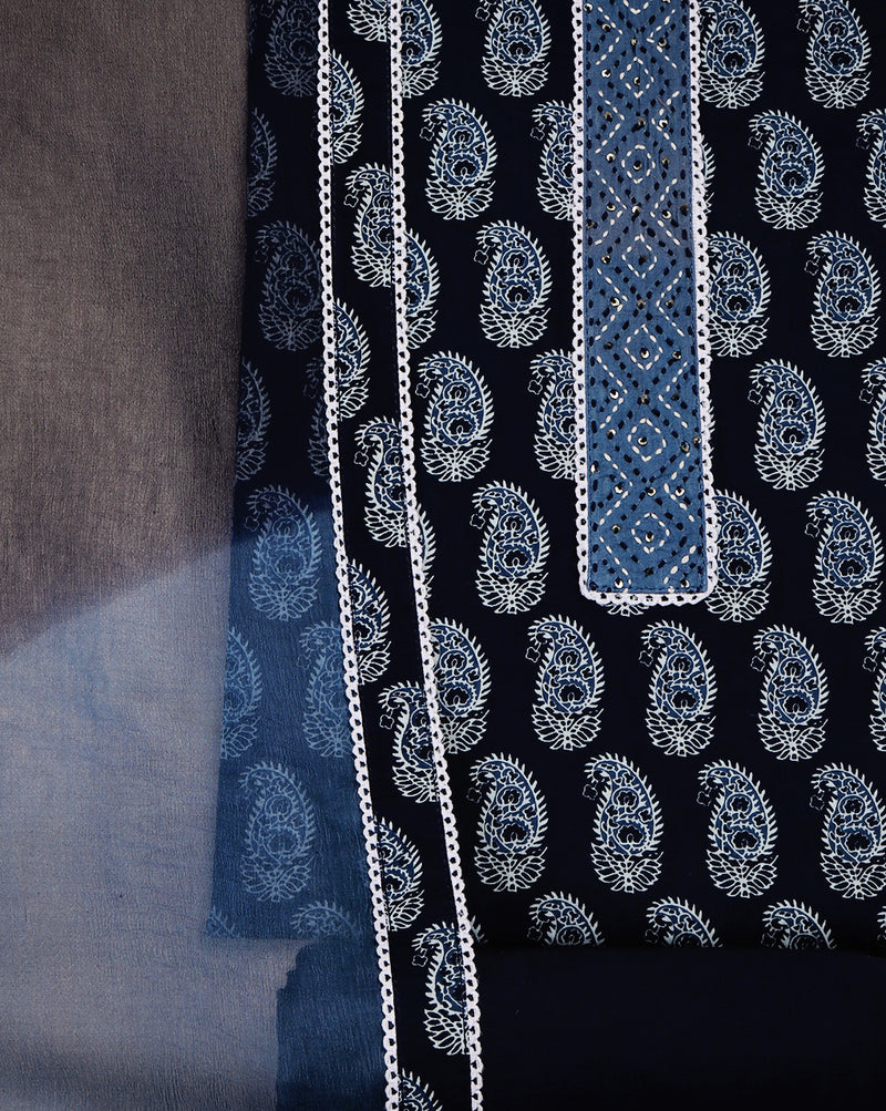 Indigo Cotton Jaipuri Print Suit with Shaded Chiffon Dupatta