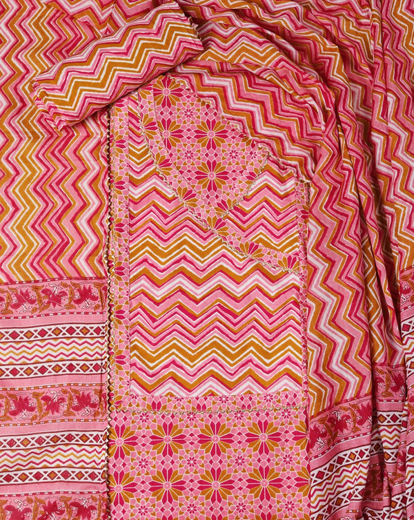 Cotton Geometrical Print Suit with Printed Mulmul Dupatta