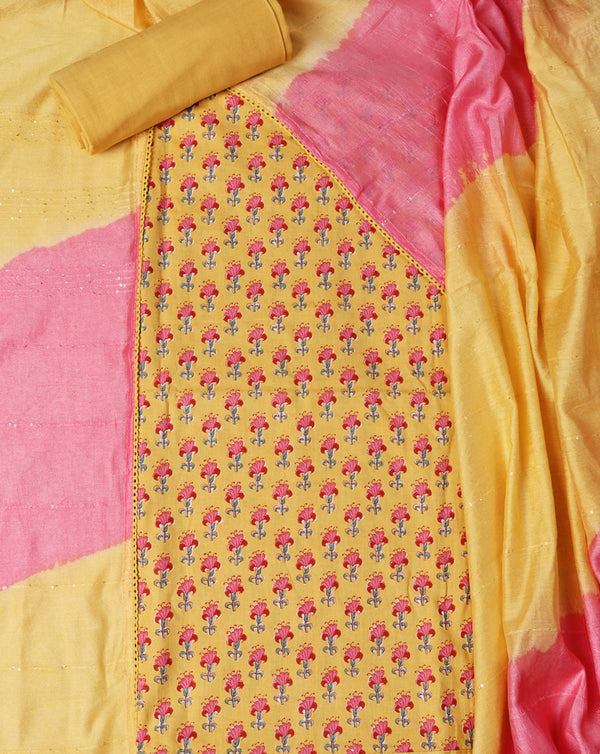 Yellow Block Printed Cotton Suit with Shaded Sequence Work Dupatta