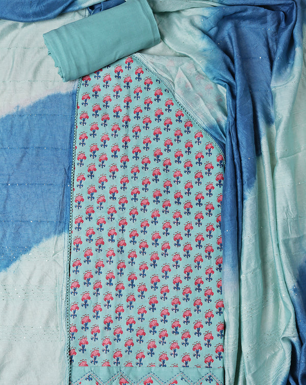 Sky Blue Block Printed Cotton Suit with Shaded Sequence Work Dupatta