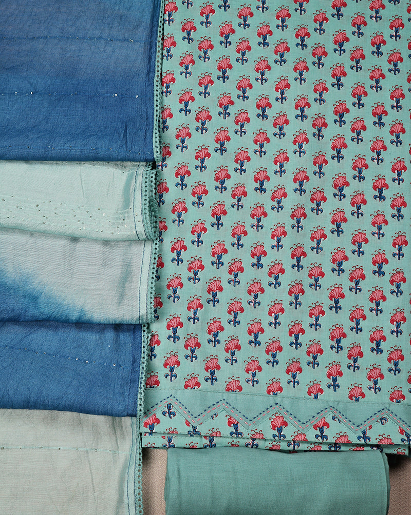 Sky Blue Block Printed Cotton Suit with Shaded Sequence Work Dupatta