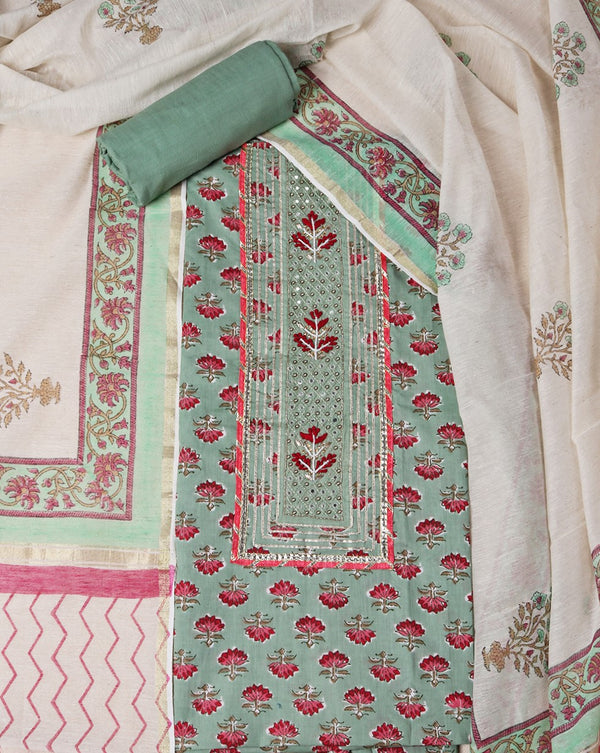 Mint Green Block Printed Suit Set with Thread and Mirror Work