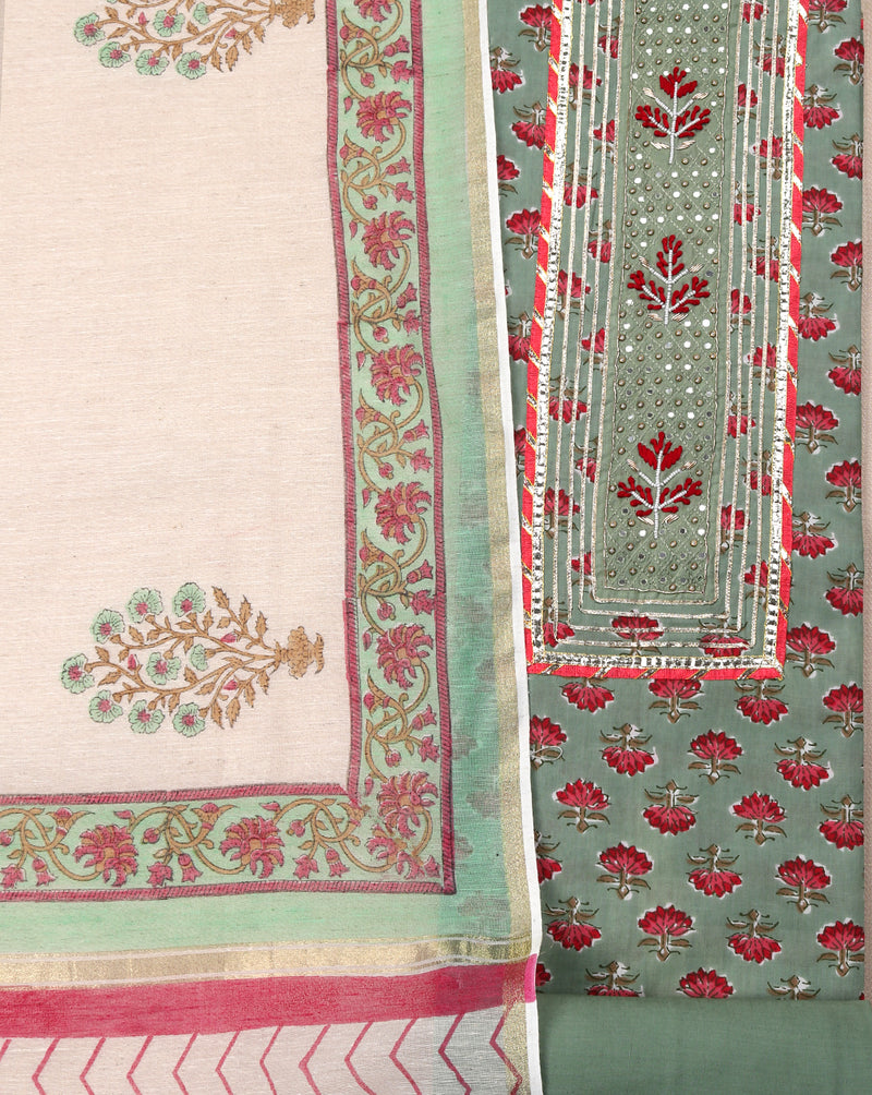 Mint Green Block Printed Suit Set with Thread and Mirror Work