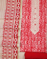 Red Block Printed Cotton Suit with Crocia Lace Neck