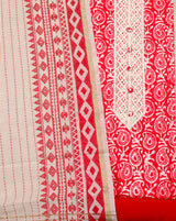 Red Block Printed Cotton Suit with Crocia Lace Neck