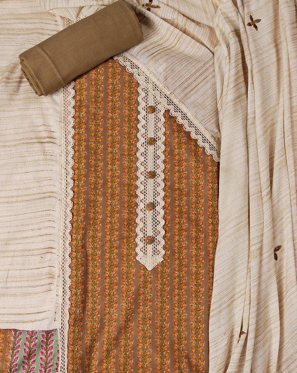 Mustard Cotton Printed Crocia Suit with Brush Painted Mulmul Dupatta