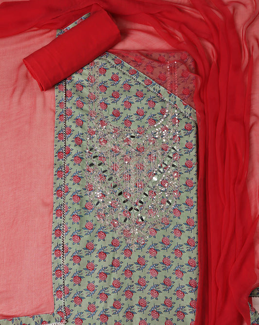 Green Mirror Work Cotton Suit with Chiffon Shaded Dupatta