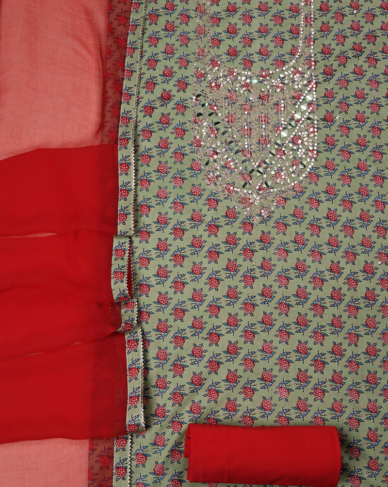 Green Mirror Work Cotton Suit with Chiffon Shaded Dupatta