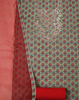 Green Mirror Work Cotton Suit with Chiffon Shaded Dupatta