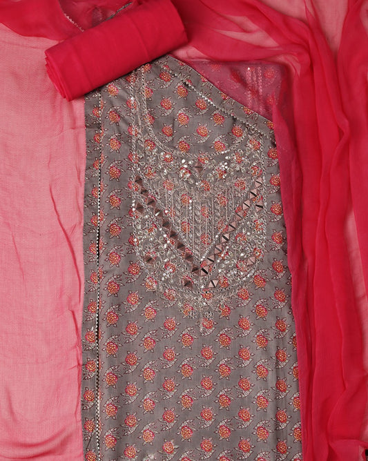 Grey Mirror Work Cotton Suit with Chiffon Shaded Dupatta