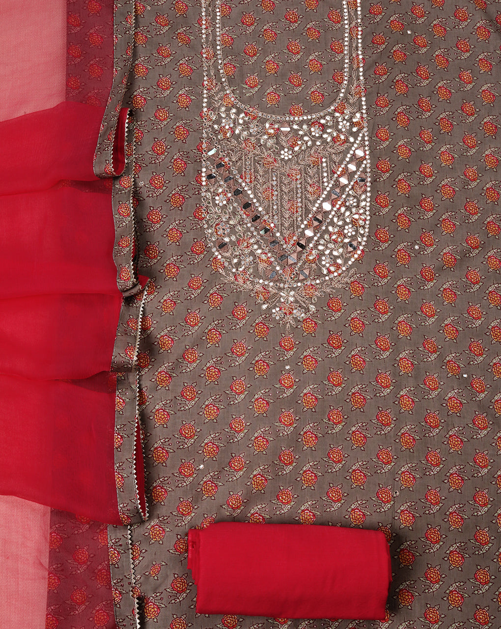 Grey Mirror Work Cotton Suit with Chiffon Shaded Dupatta