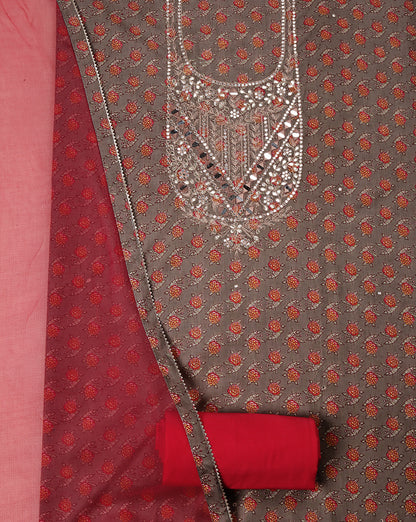 Grey Mirror Work Cotton Suit with Chiffon Shaded Dupatta