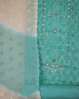 Turquoise Printed Cotton Suit with Embroidered Kota Doriya Dupatta