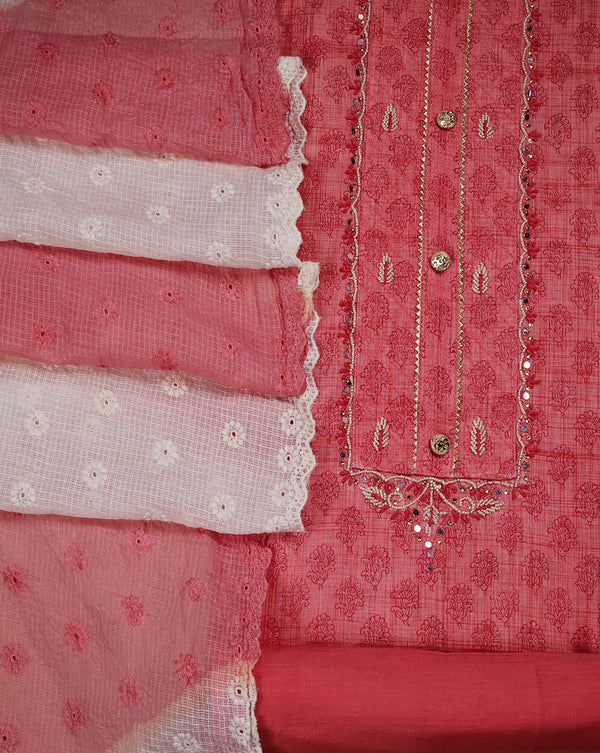Pink Printed Cotton Suit with Embroidered Kota Doriya Dupatta