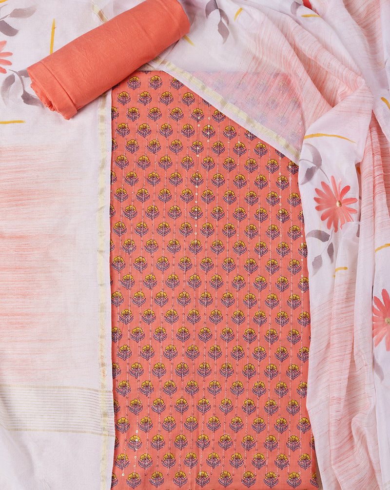 Peach Cotton Sequence Work Suit with Hand Brush Painted Dupatta